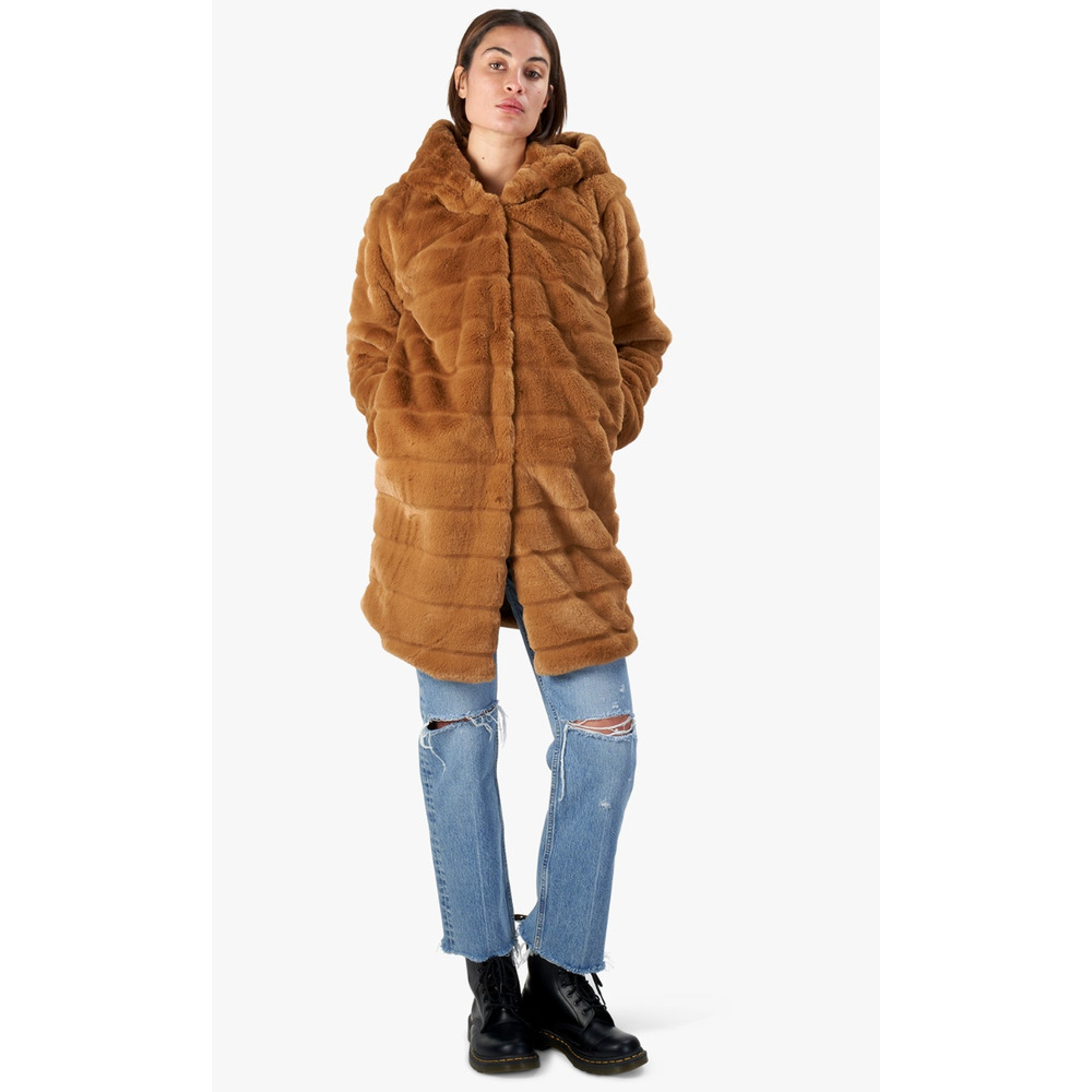 Anthropologie Apparis XS Faux Fur Celina Jacket $360 Hooded Long Mink Coat Camel - Picture 15 of 15